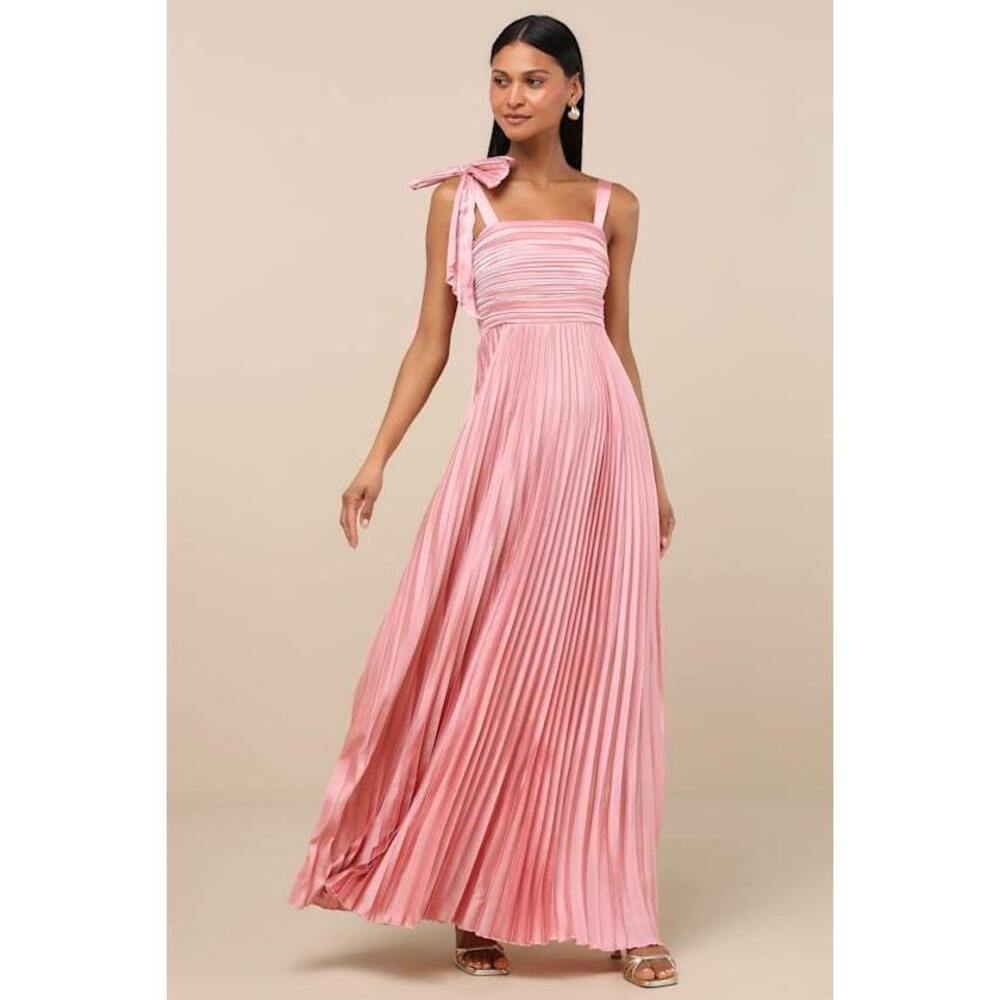 Lulus Gorgeous Purpose Pink Satin Pleated Sleeveless Bow Maxi Dress - Size M